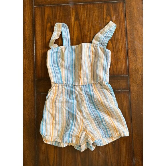 Reformation Pants - Reformation Island Linen Romper in Marbella Striped White Blue Orange Smocking 2